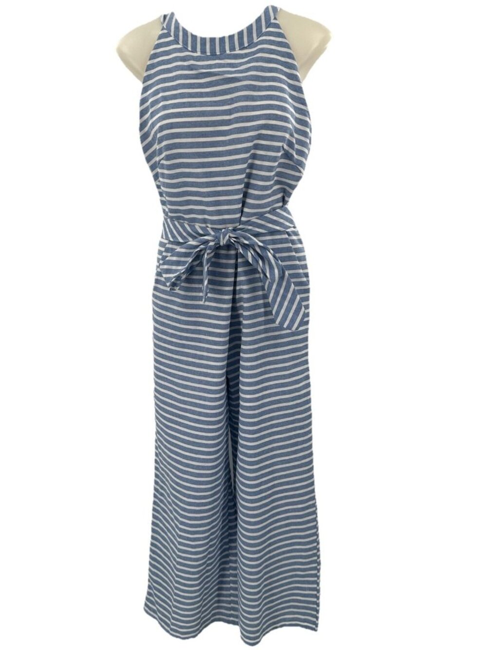 Prettygarden Jumpsuit  Wide-Leg Blue StripedSleeveless Belted Pockets Small